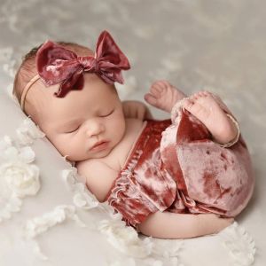 Accessories Newborn Baby Girls Photography Props Pink Velvet Outfits Romper Headband for Infant Studio Shooting Accessories Photo Props