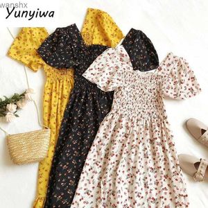 Basic Casual Dresses Summer Dress Women Floral Print Sexy Square Collar Elastic Waist Dresses Korean Elegant Sweet Ruffle Vestidos 25644L2404