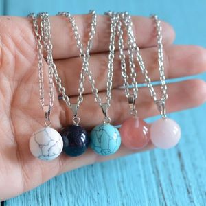 Natural Stone Round Ball Pendant Necklaces Amethyst Crystal Blue Turquoise Bead Silver Link Chain for Women Men Fashion Jewelry Gifts Cheap