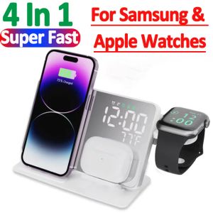 Chargers 4 in 1 Wireless Charger Stand For iWatch 8 Samsung Galaxy Watch 4 5 Alarm Clock Fast Charging Station For Iphone Galaxy S23 S22