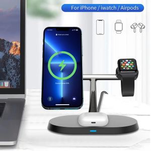 Şarj Cihazları 3'te 1 Magnetik Kablosuz Şarj Cihazı Padü Magsafe için Katlanabilir Stand İPhone 15 Apple Watch AirPods Hızlı Şarj Dock İstasyonu