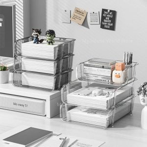 Bins Desktop Storage Box Transparent Stackable MultiLayer Desktop Storage Rack Office Home Stationery Cosmetics Storage Desk Drawer