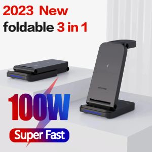 Laddare 100w 3 i 1 Qi trådlös laddningsstation Fällbar dubbelspole trådlös laddare kompatibel för iPhone Xiaomi Apple Watch Airpods