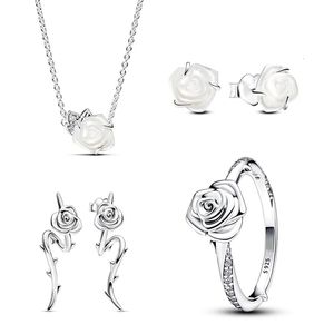 2024 925 Sterling Srebrny Dzień Matki Prezenty Biała róża w Bloom Collier Naszyjnik Pierścień Kolczyki Fit Women240429