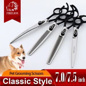 Scissors FIRELION 7.0/7.5 Inch 440c Steel Professional Dog Cutting Thinning Curved Scissors Animals Pet Grooming Scissors for Dogs