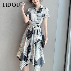 Sukienki imprezowe Summer Damskie drukarki polo drukarskie nieregularne bandaż szatę femme krótkie rękawe ograniczone swobodne vestido kobiety vintage