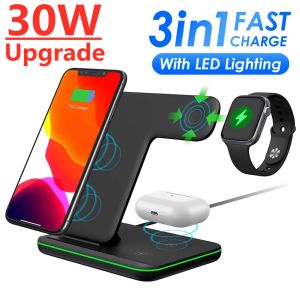 Laddare 30W Wireless Charger Stand för iPhone 14 13 12 11 XS XR 3 I 1 Fast Charging Dock Station för Apple Watch 8 7 SE AirPods Pro