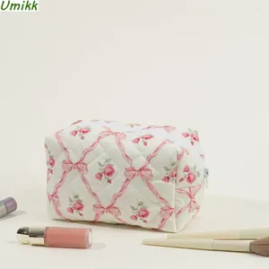 Cosmetic Bags Cute Bow Floral Makeup Bag With Zipper Travel Pouch Cotton Quilted Organizer Storage Large For Women And Girls