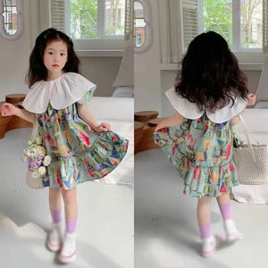 Vestidos de menina Summer Girl Girl Ruffled Collar Ink Hem Design Korean Version Dress Princess Sweet Beach para meninas 3-8 anos H240423