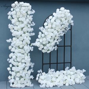 White Artificial Rose Cherry Blossom Arch Decor Hang Flower Row Wedding Backdrop Wall 5D Floral Arrangement Party Window Display 240416