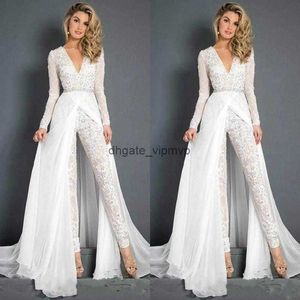 2021 Bohemian Lace Chiffon Wedding Dresses Jumpsuits Bridal Gowns With Overskirt Modest V Neck Long Sleeve Boho Beach Pant Suits Bride dress