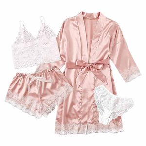 Schwarzer sexy Frauen-Pyjama Satin 4-teiliger Spitze Seide Seilspannung Tops Shorts Robe Pyjamas Set Nightkast-Unterwäsche Nachtnachtschmiedeanzug