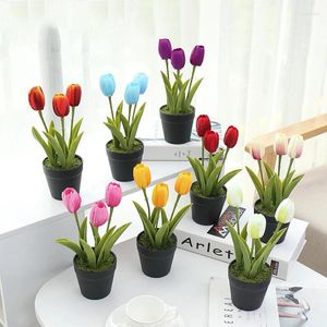 Decorative Flowers Artificial Tulips Bonsais Fake Three Flower Heads Potted Wedding Party Decoration Office Desktop Living Room Ornament