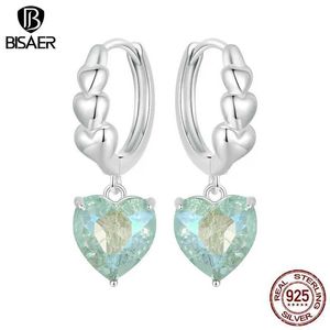 Charm Bisaer 925 Fivelas de coração de prata esterlina para brincos de argola de zircão azul-esverdeado elegante e elegante Brincos de jóias de platina platinada ECE1706 Y240423