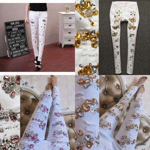 Beading with Diamond Ripped Femme Stretch White Female Hole Jeans Woman Thin Denim Pencil Pants 201030