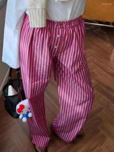 Calças femininas Combhasaki y2k retrô vintage casual listrado/sólido de botão longo elástico Estético de cintura alta solta calças retas soltas