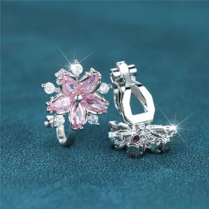 Kolczyki eleganckie różowe kryształowe kolczyki klipsowe biały cyrkon urocze kolczyki kwiatowe dla kobiet vintage srebrny kolor biżuterii