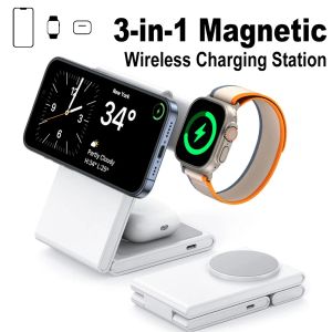 Carregadores 3 em 1 Magnetic Dobrable Wireless Charger Station 15W Carregamento rápido para Magsafe iPhone 15 14 13 Dock Apple Watch AirPods