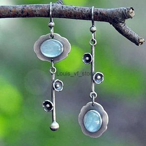 Dangle Chandelier Vintage Round Blue Stone Flower Earrings Classic Simplicity Metal Silver Color for Women Jewelry H240423