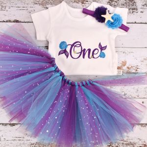 Sweatshirts Baby Girl Mermaid Birthday Tutu Outfit Under The Sea Theme 1st Birthday Party Costume Toddler Photo Props Cake Smash Tutu Skrit