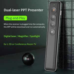 Pen dubbel laserpekare penna H90s trådlös presentatör Green Red Laser Spotlight Magnifier Mode Luftmus sida Vrid fjärrkontrollen