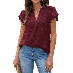 футболка женская дизайнерская дизайнерская одежда Женщины бордовые топы горячо продавать сплошной цвет 2023 V-образный вырезок.