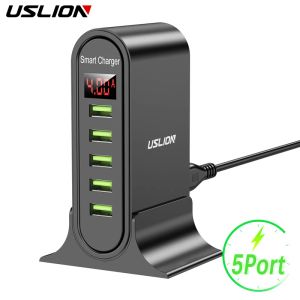 Hubs USLION 5 Port USB Charger HUB Multi USB Charging Station Dock Desktop Wall Home LED Display Universal New Chargers EU US UK Plug