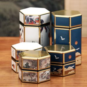 Jars New Tinplate Tea Caddy Home Sealed Candy Box Chinese Metal Can Hexagonal Storage Tea Tank Small Portable Organizer Packaging Box