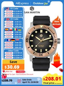 Zegarki San Martin 42 mm retro Titanium Diver Watch NH35 Automatyczne mężczyzn Mechaniczne zegarki Brązowe szafir Sapphire Luminous Waterproof 200m 200m