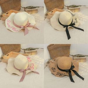 Letters Embroidered Big Straw Bow Tie Wavy Beach Hats Foldable Breathable Sun Protection Caps