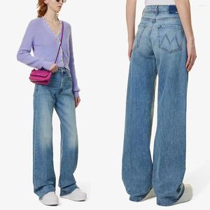 Women's Jeans Retro High Quality Long Blue Denim Pants Waisted Loose Slightly Flared Casual