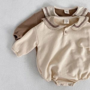 Spettacari a cornice della moda autunnale per bambini piccoli Rompeggiano neonati per bambini a manica lunga tuta in cotone in stile blu scuro abiti per bambini primaverili