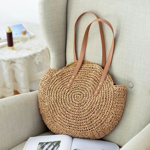 Sommerrunde Stroh Umhängetasche Frauen große Kapazität Handtasche handgefertigt Weaven Beach Bags Mode Rattan Griff Urlaub Tasche 240417