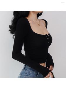 Women's T Shirts Square-Cut Collar Minimalist Stretch Slim Fit Upper Clothes Long Sleeves T-shirt