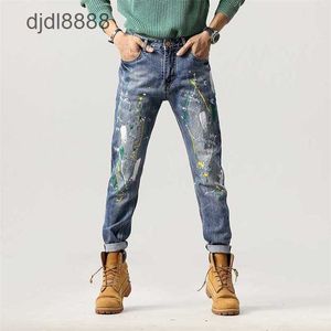 Spring New Jeans with Holes Trendy Mens Elastic Slim Fit Embroidery Patch Spray Painted Leggings