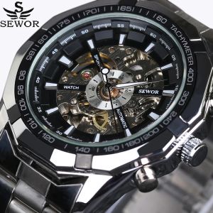 Watches 2017 SEWOR Luxury Brand Skeleton Sport Men Watches Automatic Mechanical Military Watch Men rostfritt stål Rem Reloj