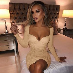 Women's 2024 New Springand summer Deep V Bra Long Sleeve Slim Fit Wrinkle Fashion Dress F42330