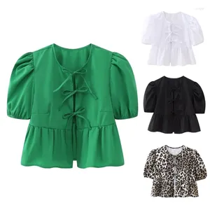 Kvinnors T -skjortor Summer Shirt Neck Tie Knots Ruffle Short Sleeve Blus peplum Top Sweet Crop Streetwears Gifts