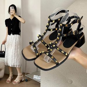 Dress Shoes Rivet Sandals Women's 2024 Summer Temperament Fashion One-word Belt Mid-heel High-heeled Open Toe