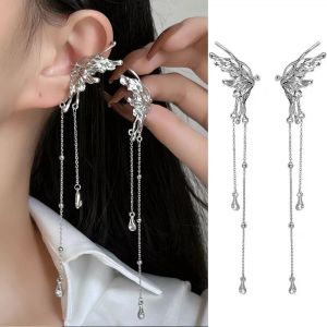 Earrings 17KM Fashion Silver Color Metal Angel Wings Tassels Ear Clips Liquid Metal Butterfly Long Ear Cuff For Women Trendy New Jewelry