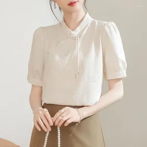 Frauenblusen Satin Chinese Style Hemd Sommer Blume Vintage Loose Stand Women Tops Kurzärmele Modekleidung Ycmyunyan