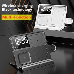 Chargers 5 In 1 Wireless Charger Stand Alarm Clock LED Light 15W Fast Charging Station Dock for iPhone 14 13 12 Apple Watch Airpods Pro