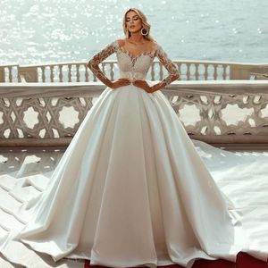 Princess Wedding Dress 2024 Scoop Crystal Lace Beaded Long Sleeve Satin Bridal Gowns Vestido De Novia Casamento Customed