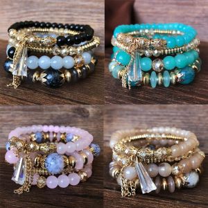 Strands 4pcs Conjunto coreano Boho Multicolor Crystal Beads Bracelets de corda para mulheres CARRO DE CELHO ÉTNICO DE CELHO DE CARMO PULSEIRA FEMININA