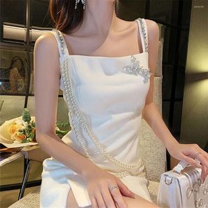 Abiti casual Luxury Diamond Spaghetti Dressato Domande Ladie Temperamento Catena di perle per Flitta con imbracatura sexy a farfalla Shinny da donna