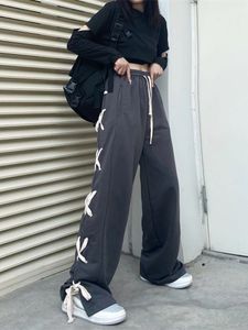 Zoki Harajuku High midja Kvinnor Bandage Wide Leg Pant Korean Loose Streetwear Trousers Fashion Hip Hop Student Casual Pants 240412