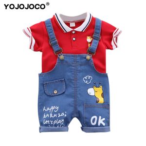 Sets Baby boy clothes summer children cartoon cute suit boys and girls shortsleeved Tshirt + denim overalls baby 2piece set