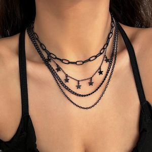 Necklaces Salircon Gothic Dark Style Multilayer Metal Necklace Fashion Star Pendant Short Collarbone Necklace Women's Trend Party Jewelry