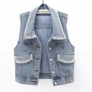 Denim Jacket Waistcoat Womens Spring Summer Slim Pearls Beaded Sleeveless Coat Female Short Casual Vest Outwear Tops 240423