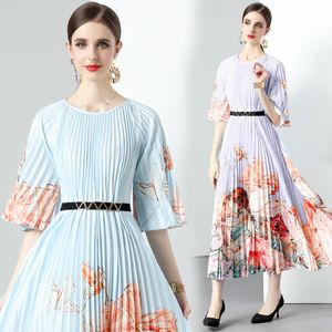 High Distored Summer Cartoon Print Womens Midi Long Plissee Kleider Crew Nackengürtel halbe Ärmel Damen Casual Party Strand Urlaub Urlaub Urlaub Großhandel Dropshipping